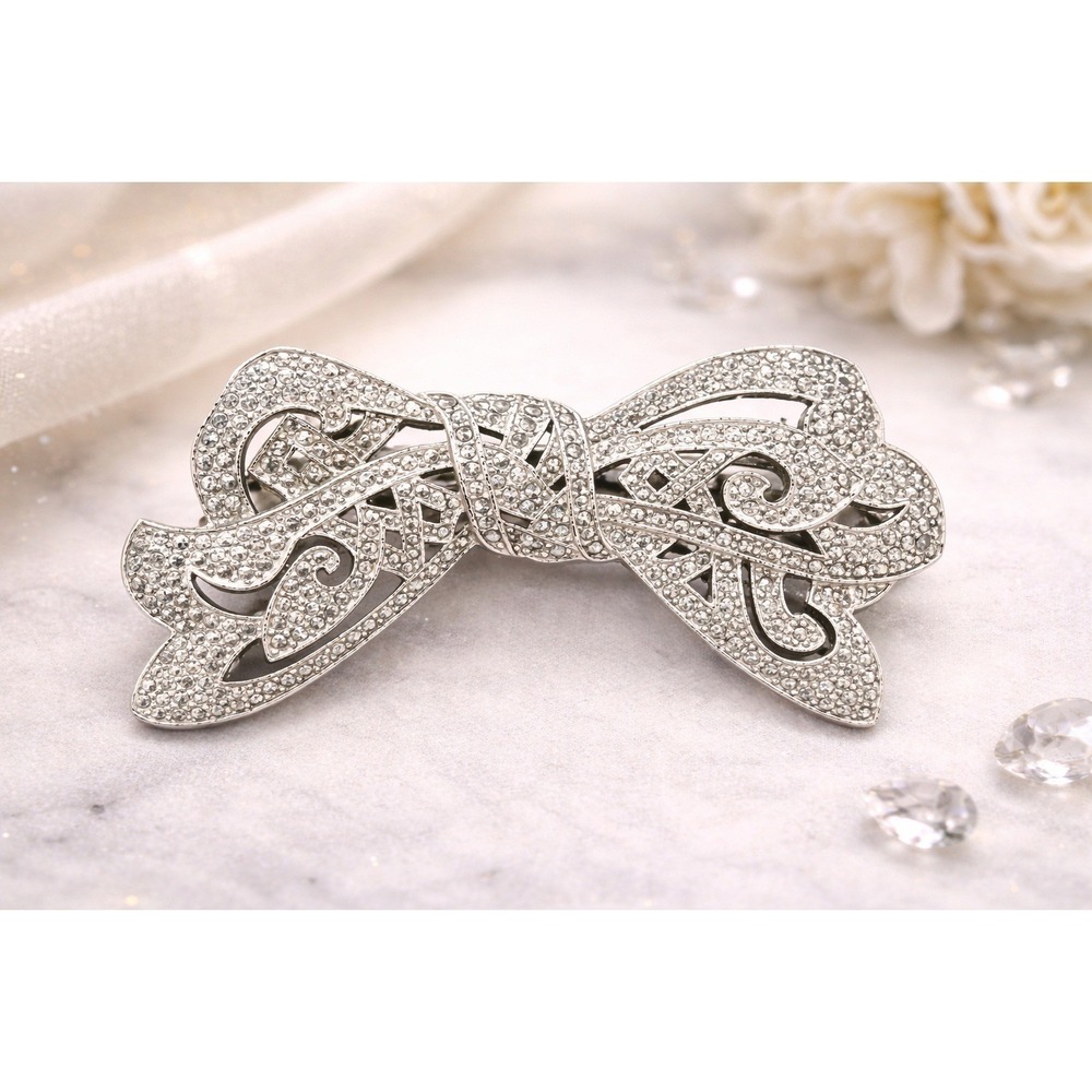 Vintage Silver Tone Bow Brooch Clear Rhinestones Filigree Ribbon Large Statement